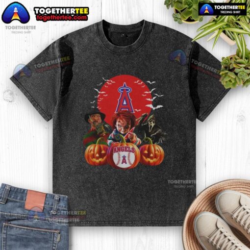Hot Los Angeles Angels MLB horror movie Halloween washed t-shirt featuring vibrant graphics and a spooky design.
