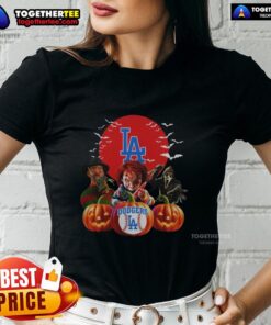 Hot Los Angeles Dodgers MLB horror movie Halloween ladies tee featuring spooky graphics and team logo for festive fans.