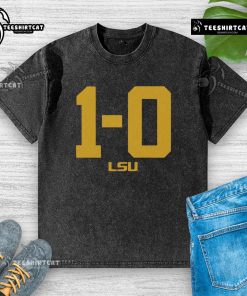 Hot LSU Football 1-0 washed t-shirt featuring vibrant team colors and logo, perfect for game day or casual wear.