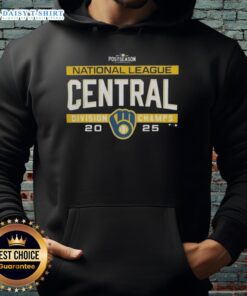 2025 Milwaukee Brewers NL Central Division Title hoodie in locker room, celebrating postseason success.
