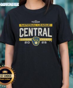 Alt Text: Milwaukee Brewers 2025 NL Central Division Title ladies tee in the postseason locker room, celebrating team success.