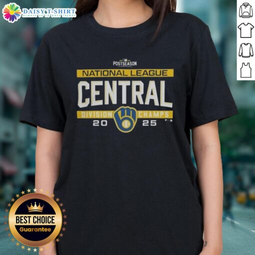Alt Text: Milwaukee Brewers 2025 NL Central Division Title ladies tee in the postseason locker room, celebrating team success.