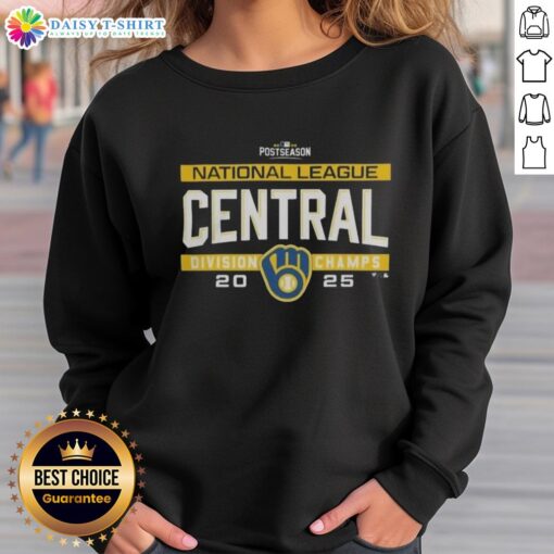 Alt Text: Hot Milwaukee Brewers MLB 2025 NL Central Division Title postseason locker room team sweatshirt displayed on a hanger.