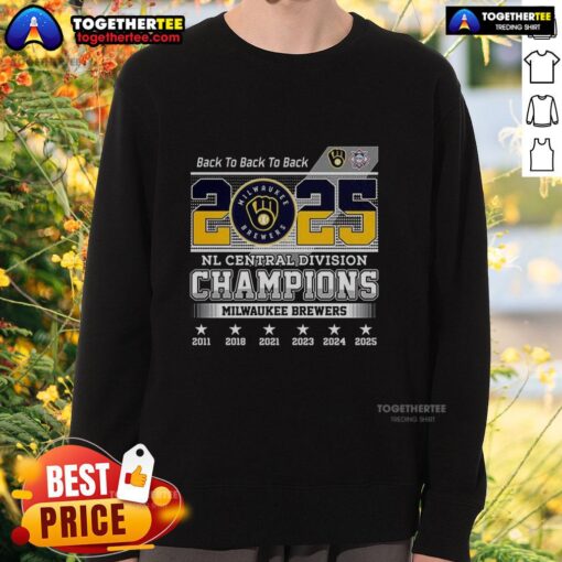Hot Milwaukee Brewers NL Central Division Champions 2025 Back-to-Back-to-Back Sweatshirt in stylish design.