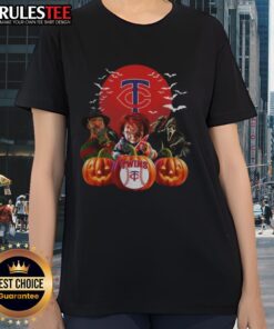Hot Minnesota Twins MLB Horror Movie Halloween Ladies Tee featuring spooky graphics for fans celebrating Halloween.