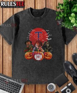 Hot Minnesota Twins MLB horror movie Halloween washed t-shirt featuring spooky graphics and team colors for fans.