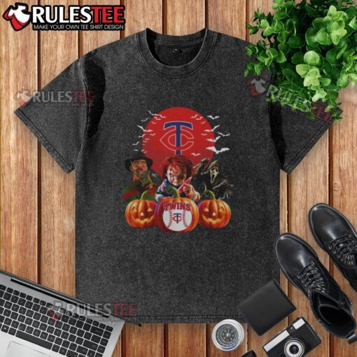 Hot Minnesota Twins MLB horror movie Halloween washed t-shirt featuring spooky graphics and team colors for fans.
