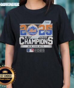 Hot New York Mets 2025 MLB Postseason NL Division Series Champions Celebration Ladies Tee showcasing team pride.
