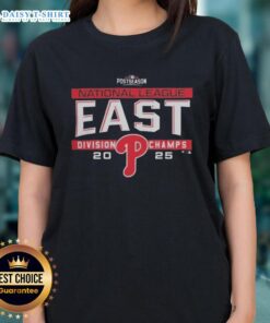 Alt Text: Philadelphia Phillies 2025 NL East Division Title postseason locker room ladies tee, showcasing team pride and style.