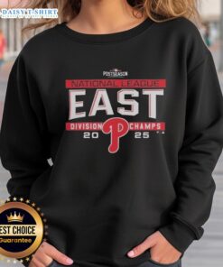 Alt Text: Philadelphia Phillies 2025 NL East Division Title postseason locker room sweatshirt, showcasing team pride and excitement.