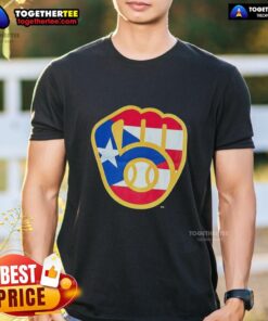Hot Puerto Rican Milwaukee Brewers logo T-shirt featuring vibrant colors and stylish design for baseball fans.