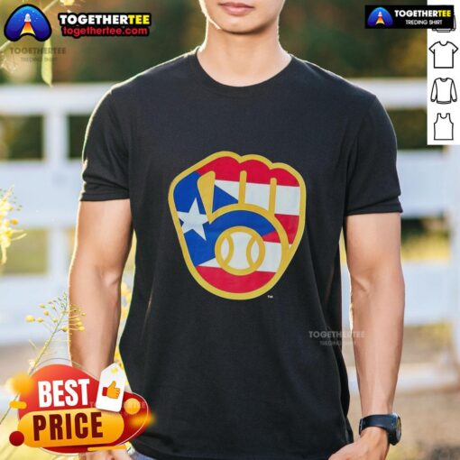 Hot Puerto Rican Milwaukee Brewers logo T-shirt featuring vibrant colors and stylish design for baseball fans.