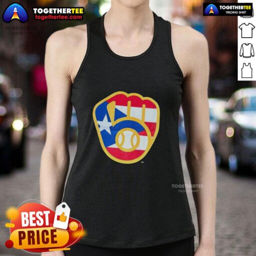 Alt Text: Hot Puerto Rican Milwaukee Brewers logo tank top featuring vibrant colors and stylish design for fans.
