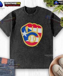 Alt Text: Hot Puerto Rican Milwaukee Brewers logo washed t-shirt featuring vibrant colors and a stylish design for fans.
