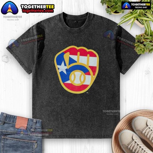 Alt Text: Hot Puerto Rican Milwaukee Brewers logo washed t-shirt featuring vibrant colors and a stylish design for fans.