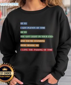 Colorful retro sweatshirt featuring vibrant song lyrics about time passing, perfect for music lovers and vintage fashion fans.