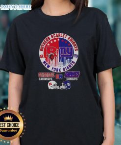 Stylish ladies tee featuring Rutgers Scarlet Knights and New York Giants helmet design against a city skyline backdrop.