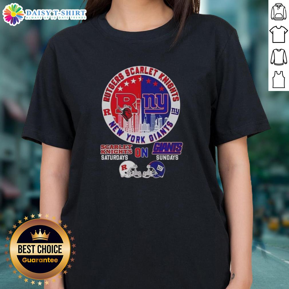 Hot Rutgers Scarlet Knights And New York Giants Helmet City Skyline Ladies Tee Stylish ladies tee featuring Rutgers Scarlet Knights and New York Giants helmet design against a city skyline backdrop.