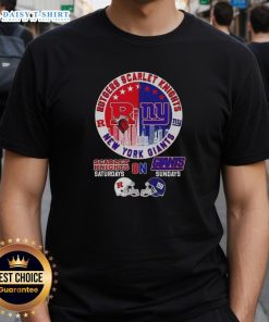 Alt Text: Hot Rutgers Scarlet Knights and New York Giants helmet graphic on city skyline t-shirt design, perfect for fans.