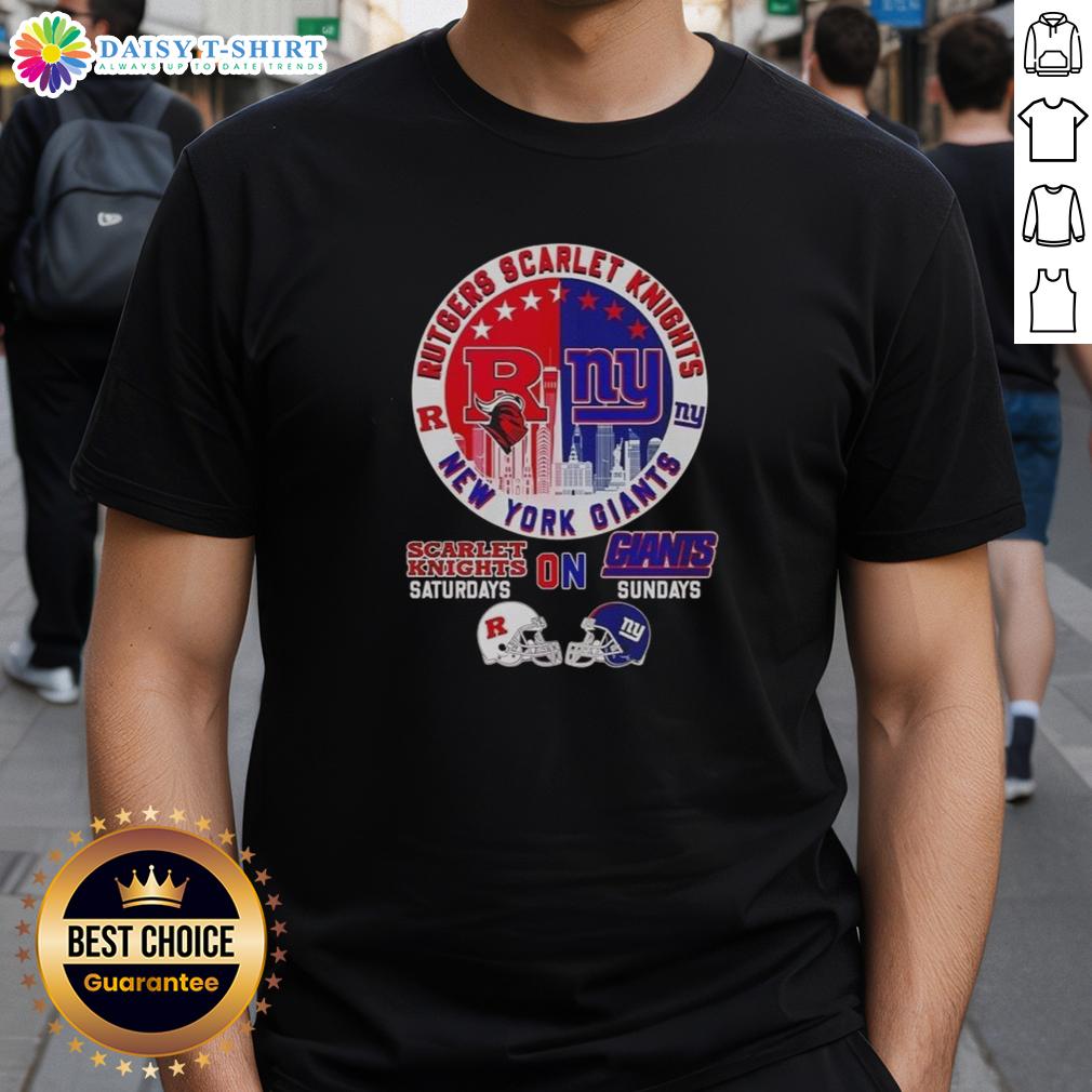 Hot Rutgers Scarlet Knights And New York Giants Helmet City Skyline T Shirt Alt Text: Hot Rutgers Scarlet Knights and New York Giants helmet graphic on city skyline t-shirt design, perfect for fans.