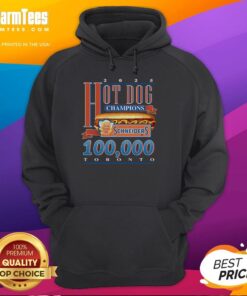Hot Schneiders 2025 Hot Dog Champions season record hoodie displayed in Toronto, featuring bold graphics and vibrant colors.