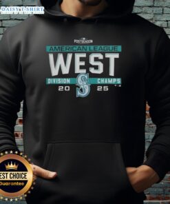 Alt Text: Seattle Mariners 2025 AL West Division Title hoodie displayed in the postseason locker room, celebrating MLB success.