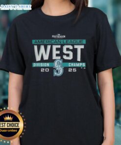 Seattle Mariners MLB 2025 AL West Division Title locker room celebration with team ladies tee on display.