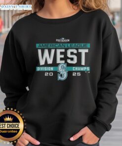 Seattle Mariners 2025 AL West Division Title sweatshirt in the postseason locker room, celebrating MLB success.
