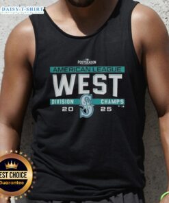 Seattle Mariners MLB 2025 AL West Division Title celebration in locker room featuring team tank tops.