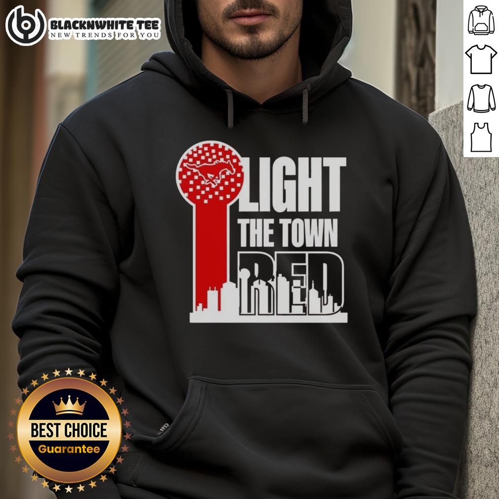 Hot Smu Mustangs Light The Town Red Hoodie Hot SMU Mustangs Light The Town Red Hoodie displayed on a mannequin, showcasing vibrant red color and school spirit.