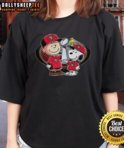 Alt Text: Hot Snoopy and Charlie Brown tee featuring 'God First, Family Second, Then 49ers Football' for women.