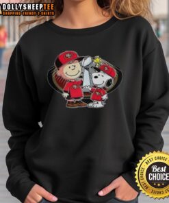 Alt Text: Hot Snoopy and Charlie Brown sweatshirt featuring 'God First, Family Second, Then 49ers' design for football fans.