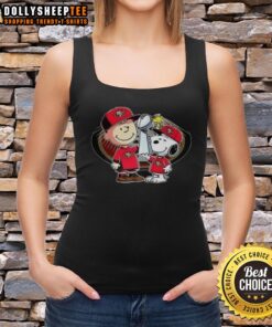 Hot Snoopy and Charlie Brown tank top featuring 'God First, Family Second, Then San Francisco 49ers Football' design.