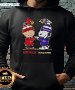 Hot Snoopy and Charlie Brown hoodie featuring Louisville Cardinals and Baltimore Ravens logos, perfect for sports fans.