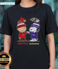 Hot Snoopy and Charlie Brown Louisville Cardinals x Baltimore Ravens ladies tee, perfect for sports fans and Peanuts lovers.
