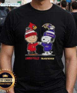 Hot Snoopy and Charlie Brown Louisville Cardinals vs Baltimore Ravens T-Shirt featuring playful cartoon design.