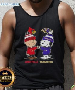 Hot Snoopy and Charlie Brown tank top featuring Louisville Cardinals and Baltimore Ravens logo, perfect for sports fans.