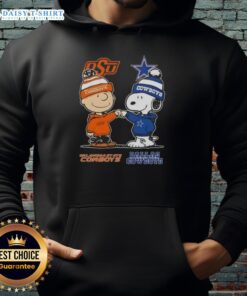 Alt Text: Hot Snoopy and Charlie Brown hoodie featuring Oklahoma State Cowboys and Dallas Cowboys logos, perfect for fans.