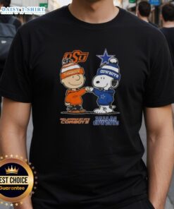 Alt Text: Hot Snoopy and Charlie Brown Oklahoma State Cowboys x Dallas Cowboys T-shirt featuring playful cartoon design.