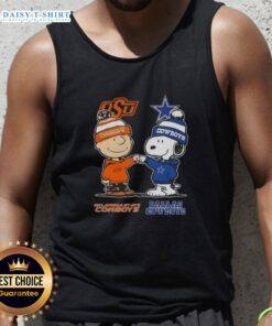 Hot Snoopy and Charlie Brown Oklahoma State Cowboys x Dallas Cowboys tank top featuring vibrant graphics and playful design.