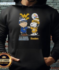 Hot Snoopy and Charlie Brown hoodie featuring West Virginia Mountaineers and Pittsburgh Steelers logos.