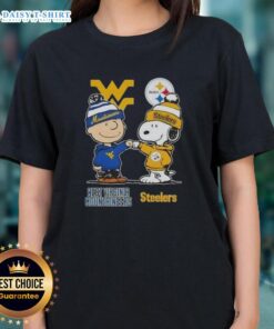 Hot Snoopy and Charlie Brown West Virginia Mountaineers x Pittsburgh Steelers ladies tee featuring vibrant graphics.