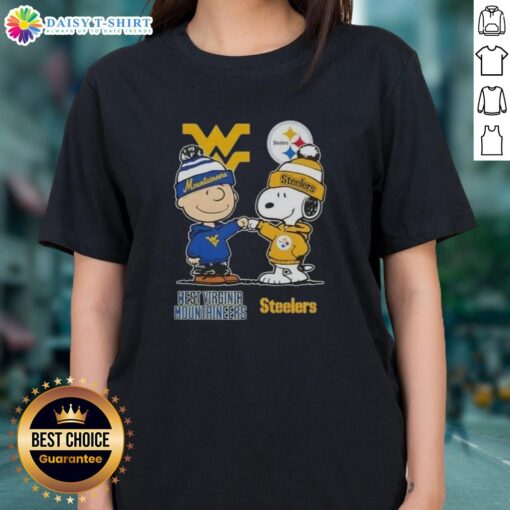 Hot Snoopy and Charlie Brown West Virginia Mountaineers x Pittsburgh Steelers ladies tee featuring vibrant graphics.