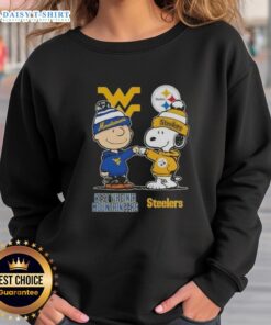 Hot Snoopy and Charlie Brown sweatshirt featuring West Virginia Mountaineers and Pittsburgh Steelers logos.
