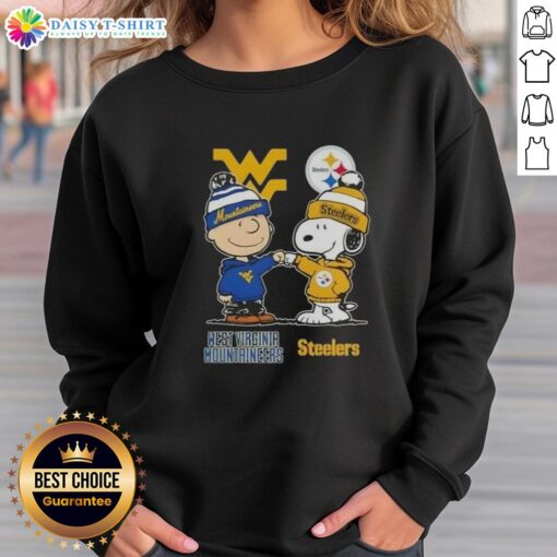 Hot Snoopy and Charlie Brown sweatshirt featuring West Virginia Mountaineers and Pittsburgh Steelers logos.