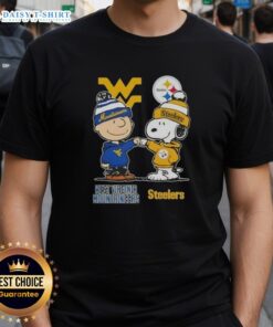 Hot Snoopy and Charlie Brown West Virginia Mountaineers x Pittsburgh Steelers T-shirt featuring iconic cartoon characters.