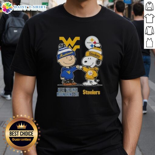 Hot Snoopy and Charlie Brown West Virginia Mountaineers x Pittsburgh Steelers T-shirt featuring iconic cartoon characters.