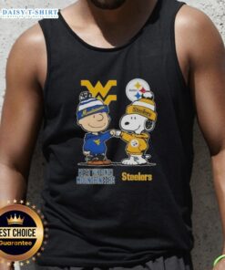 Hot Snoopy and Charlie Brown tank top featuring West Virginia Mountaineers and Pittsburgh Steelers logos.