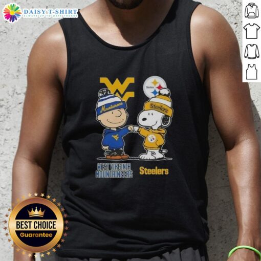 Hot Snoopy and Charlie Brown tank top featuring West Virginia Mountaineers and Pittsburgh Steelers logos.