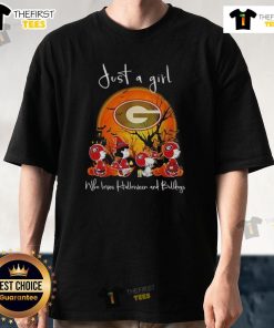 Hot Snoopy and friend in Georgia Bulldogs football gear celebrating Halloween on a stylish t-shirt design.